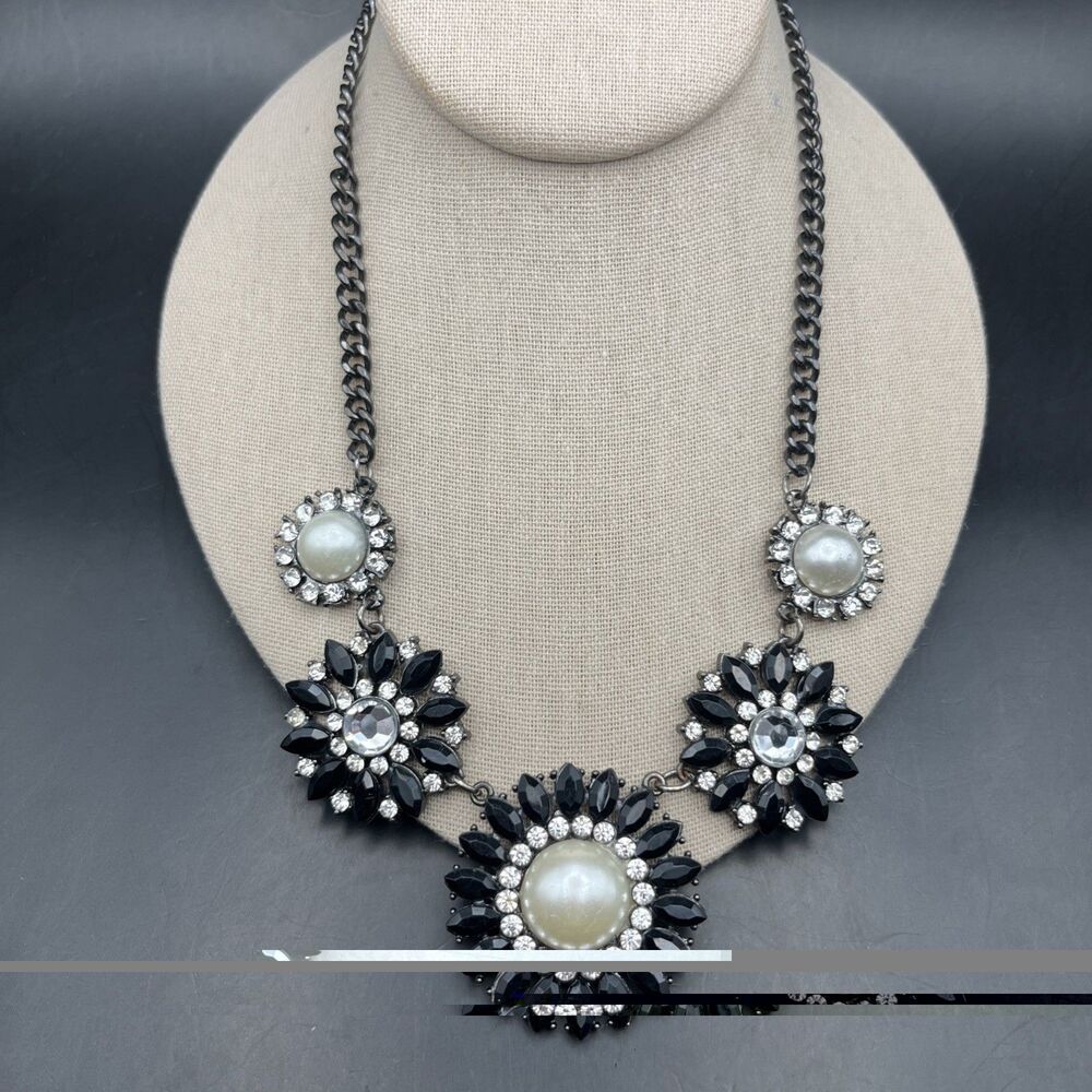 Flower Bib Statement Necklace Black Rhinestone Faux Pearl Gunmetal Floral